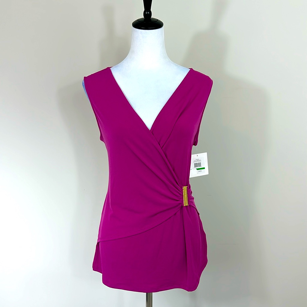 Brand New Ellen Tracy Fuchsia Embellished Wrap Top Size L